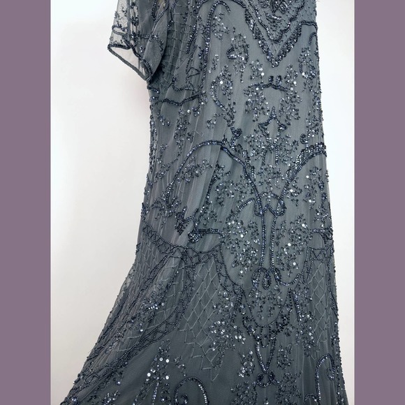 Pisarro Nights Plus Size 18W Embellished Mesh Gown In Steel Gray Blue - Picture 10 of 12